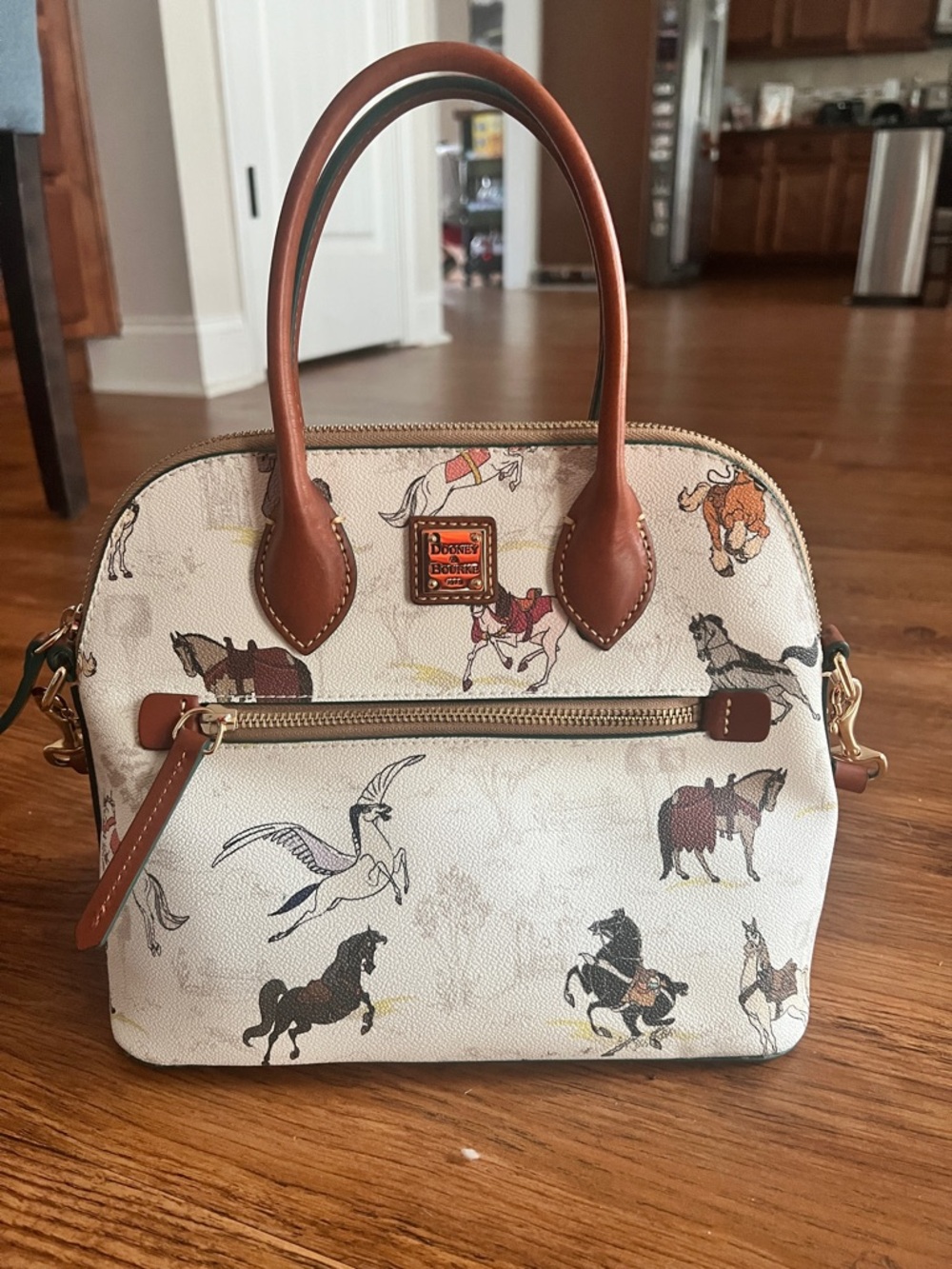 Dooney & Bourke Cream Horse & Pegasus Print Satchel with Tan Trim